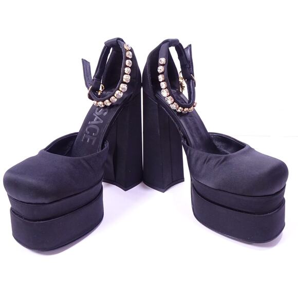 Versace Aevitas Medusa Satin Leather Crystal Charm Double Platform Sandals Sz 37 - Picture 8 of 16